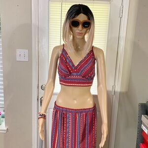 SHEIN Chic and Trendy Curve Red and Blue Patterned 2 piece skirt and top set
